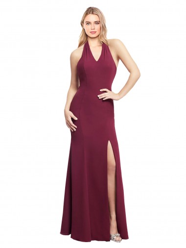 Best Chiffon Mermaid Bridesmaid Dress with Back Tie Halter Straps and Side Slit UK