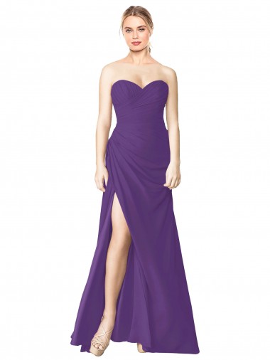 Best Strapless Chiffon Bridesmaid Dress with Pleated Wrap Bodice and Side Slit UK