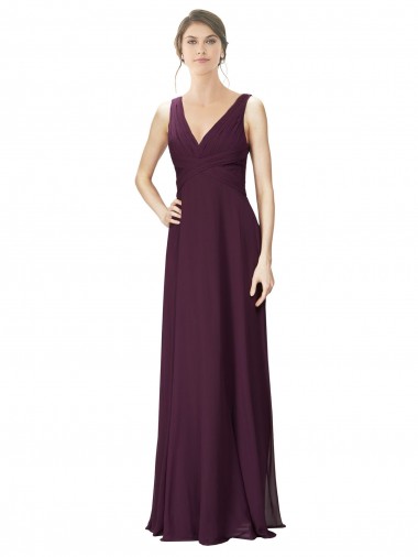 Best Long Chiffon Bridesmaid Dress with Ruched Criss Cross V-Neck Bodice UK