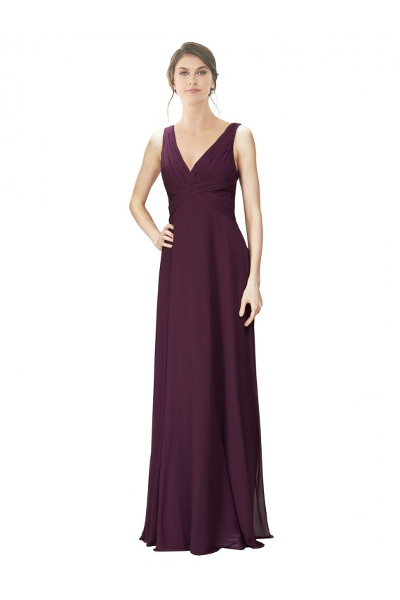 Best Long Chiffon Bridesmaid Dress with Ruched Criss Cross V-Neck Bodice UK