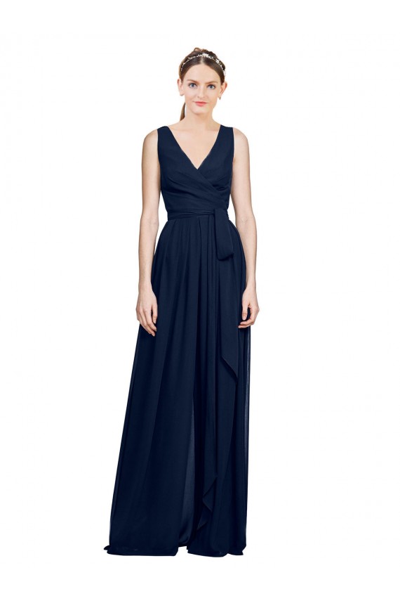 Best V-Neck Ruched Chiffon Bridesmaid Dress with Waistband UK