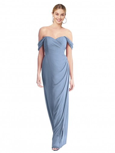 Best Full Length Draped Off the Shoulder Maxi Bridesmaid Dress with Shirred Streamer UK