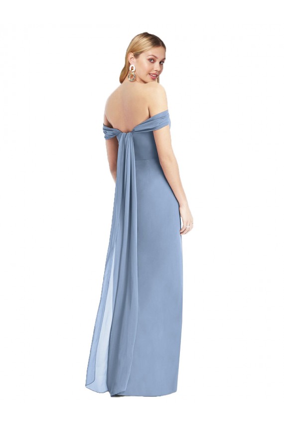 Best Full Length Draped Off the Shoulder Maxi Bridesmaid Dress with Shirred Streamer UK