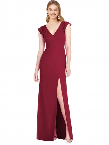 Best Ruffled Sleeves Mermaid Chiffon Bridesmaid Dress with Front Slit UK