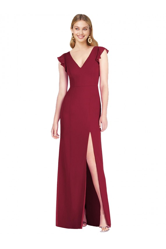 Best Ruffled Sleeves Mermaid Chiffon Bridesmaid Dress with Front Slit UK