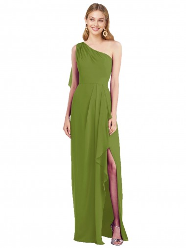 Best One Shoulder Chiffon Bridesmaid Dress with Draped Front Slit UK