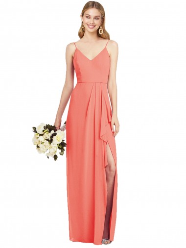 Best Spaghetti Strap Draped Skirt Chiffon Bridesmaid Dress with Front Slit UK