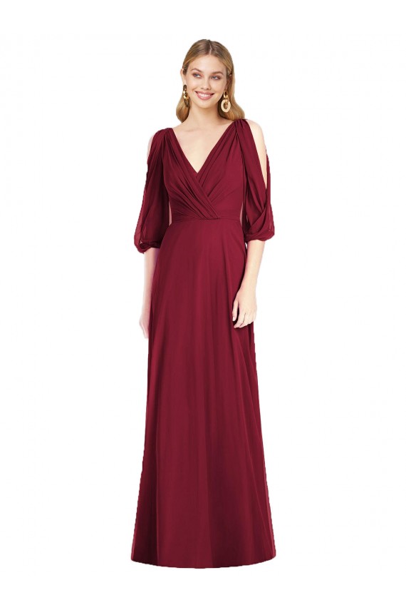 Best Draped V-Neck Bell Sleeves V-Back Chiffon Bridesmaid Dress UK