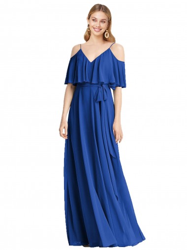 Best Spaghetti Straps V-Neck Chiffon Bridesmaid Dress with Sash Tie UK