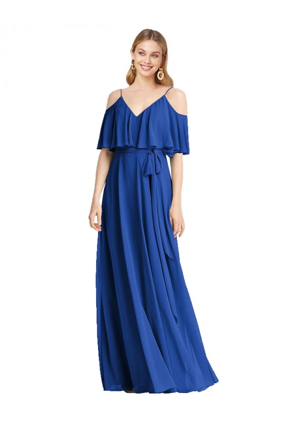 Best Spaghetti Straps V-Neck Chiffon Bridesmaid Dress with Sash Tie UK