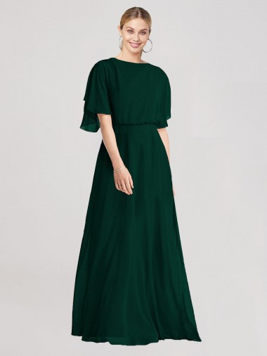 Best Full-Length Flutter Sleeves Plunging V Back Chiffon Bridesmaid Dress UK