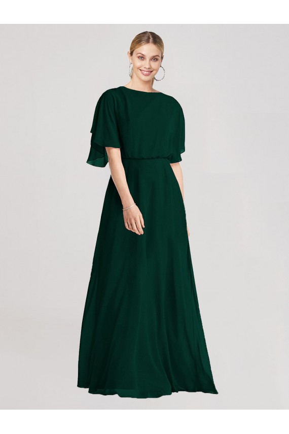 Best Full-Length Flutter Sleeves Plunging V Back Chiffon Bridesmaid Dress UK