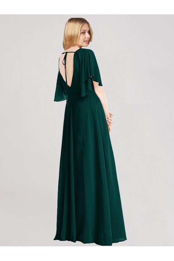 Best Full-Length Flutter Sleeves Plunging V Back Chiffon Bridesmaid Dress UK