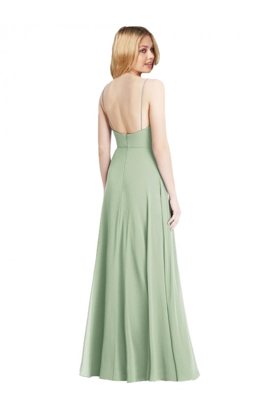 Best Sleek Spaghetti Straps Low Back Square Neck Maxi Formal Chiffon Bridesmaid Dress UK