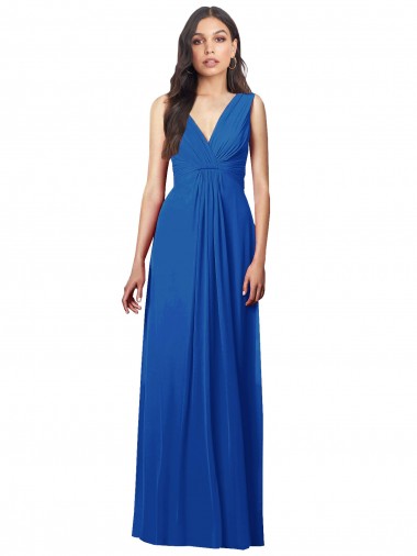 Best Draped V-Neck Shirred Chiffon Maxi Bridesmaid Dress UK