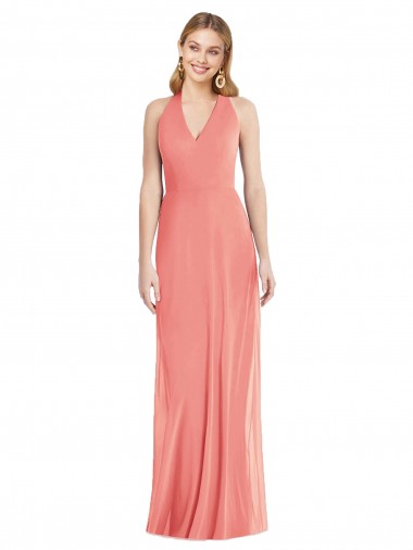 Best V-Neck Halter Chiffon Maxi Formal Bridesmaid Dress Open Back UK