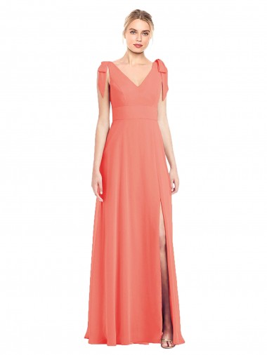 Best Full Length Bow-Shoulder V-Back Chiffon Bridesmaid Dress with Front Slit UK