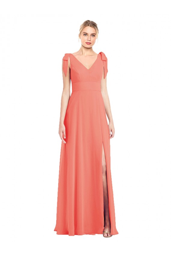 Best Full Length Bow-Shoulder V-Back Chiffon Bridesmaid Dress with Front Slit UK
