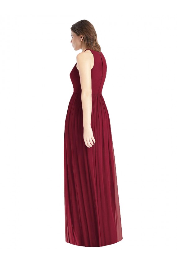 Best Shirred Skirt Jewel Neck Halter Chiffon Bridesmaid Dress with Front Slit UK