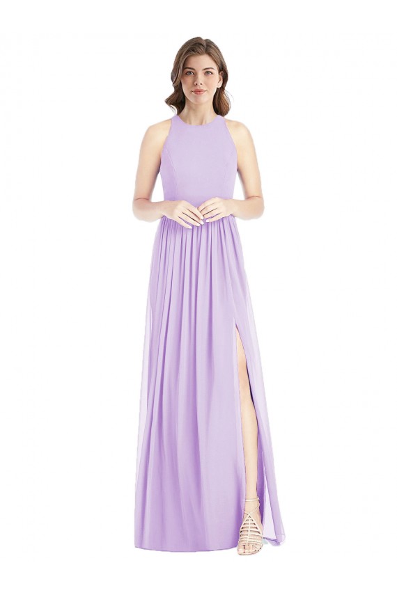 Best Shirred Skirt Jewel Neck Halter Chiffon Bridesmaid Dress with Front Slit UK