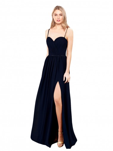 Best Draped A-Line Chiffon Formal Bridesmaid Dress with Spaghetti Straps and High Slit UK