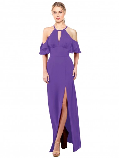 Best Slim A-Line Chiffon Bridesmaid Dress with Off The Shoulder Ruffle Sleeves UK