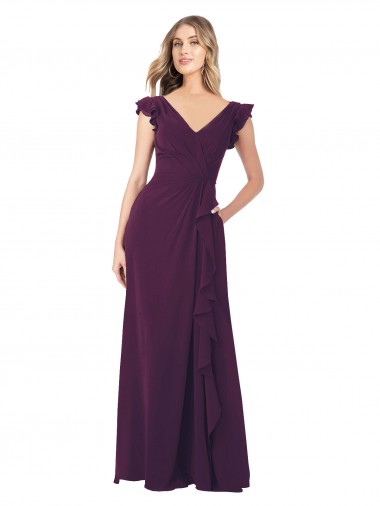 Best Ruffle Cap Sleeves Long Chiffon Bridesmaid Dress UK