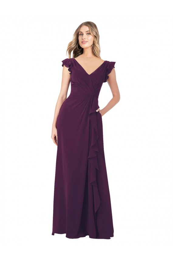 Best Ruffle Cap Sleeves Long Chiffon Bridesmaid Dress UK