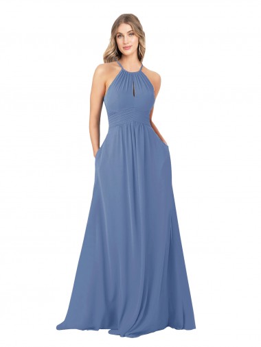 Best Draped High Neck Keyhole Back Bridesmaid Dress with Front Slit UK