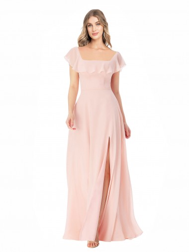 Best Flutter Cap Sleeves Square Neck Ruffle Chiffon Bridesmaid Dress with Pockets UK