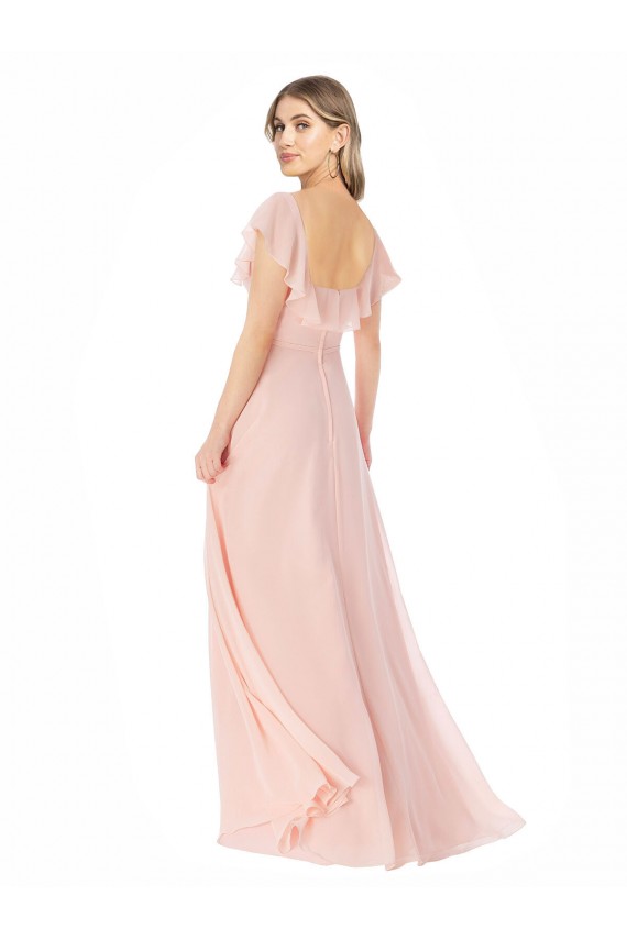 Best Flutter Cap Sleeves Square Neck Ruffle Chiffon Bridesmaid Dress with Pockets UK