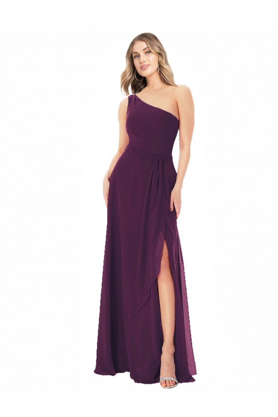 Best One Shoulder Chiffon Bridesmaid Dress with Tie Belt UK