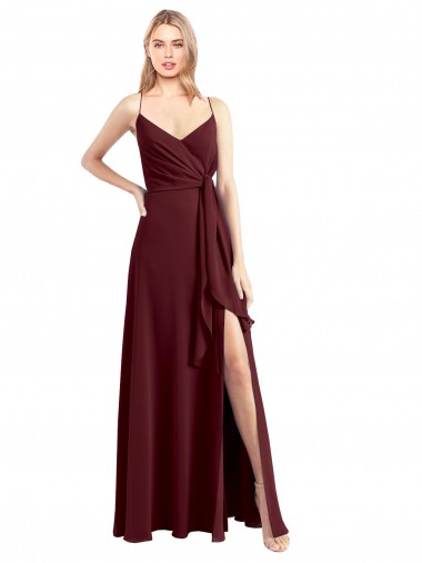 Best Spaghetti Straps V-Neck Long Chiffon Bridesmaid Dress with Side Slit UK