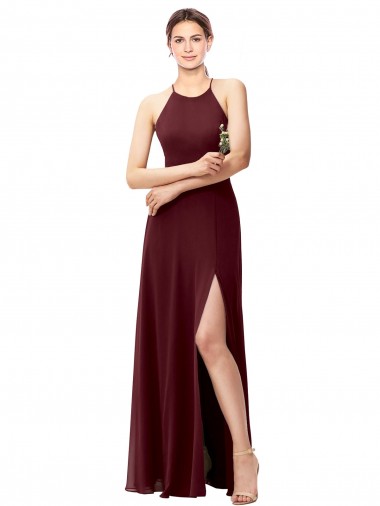 Best Slim Long High Halter Neck Chiffon Bridesmaid Dress with High Side Slit UK