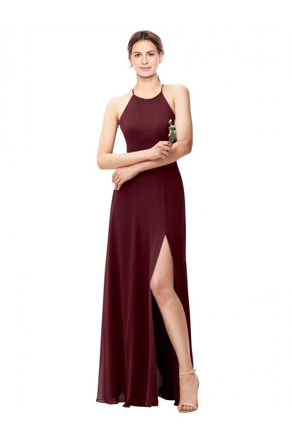 Best Slim Long High Halter Neck Chiffon Bridesmaid Dress with High Side Slit UK