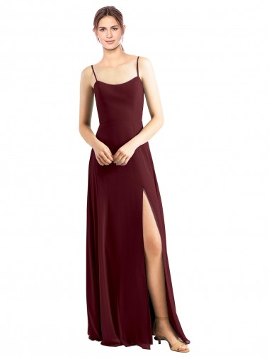 Best Sleek Fit and Flare Long Scoop Neck Chiffon Bridesmaid Dress with High Side Slit UK