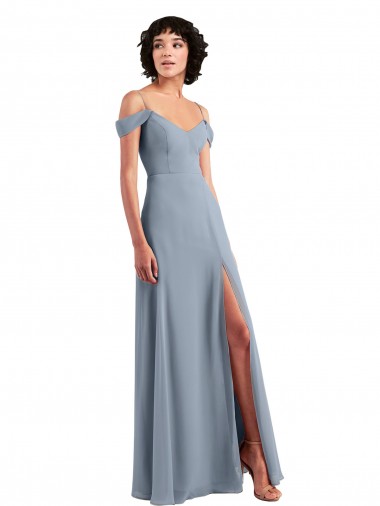 Best Off the Shoulder Folded Sleeve Long Chiffon Bridesmaid Dress with High Side Slit UK