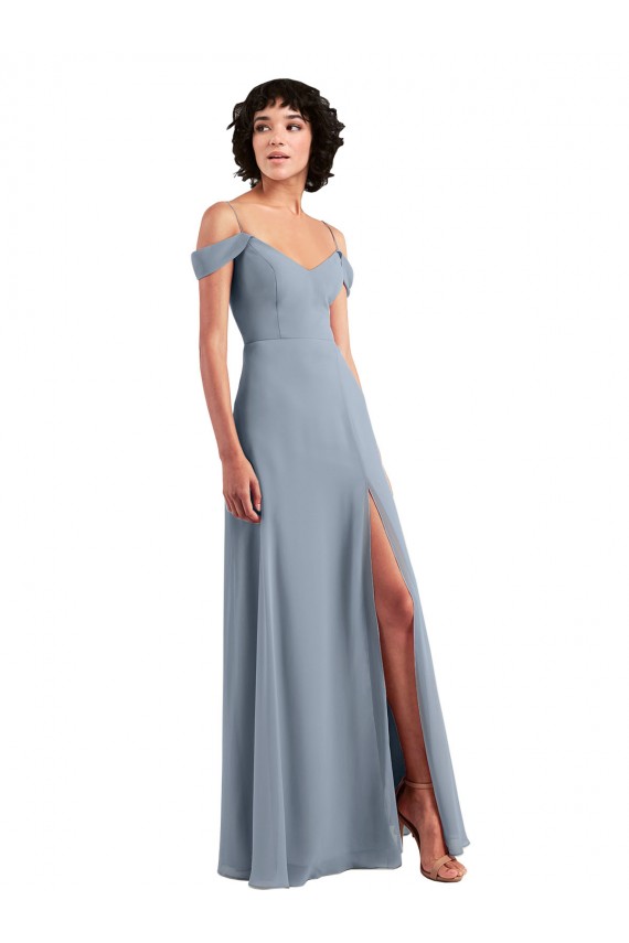 Best Off the Shoulder Folded Sleeve Long Chiffon Bridesmaid Dress with High Side Slit UK