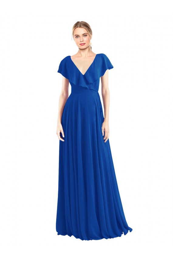 Best V-Neck A-Line Flutter Sleeves Long Chiffon Wrap Style Bridesmaid Dress UK