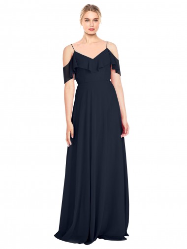 Best Draped Sleeves Flounce Neckline Long Chiffon Bridesmaid Dress with Spaghetti Straps UK