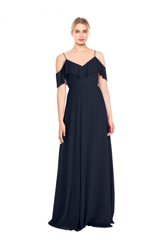 Best Draped Sleeves Flounce Neckline Long Chiffon Bridesmaid Dress with Spaghetti Straps UK