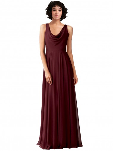 Best Draped Cowl Neck Long Chiffon Bridesmaid Dress with Wide Straps UK