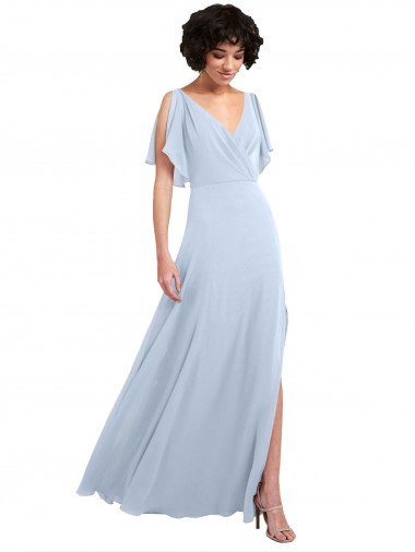 Best Split Flutter Sleeves V-Neck Chiffon Bridesmaid Dress with Open V-Back UK