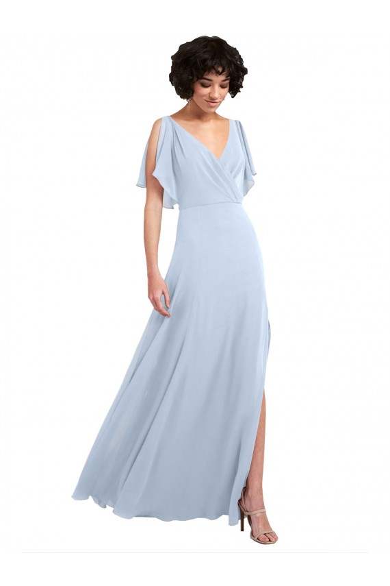 Best Split Flutter Sleeves V-Neck Chiffon Bridesmaid Dress with Open V-Back UK