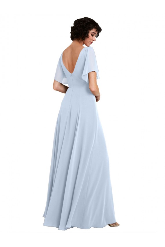 Best Split Flutter Sleeves V-Neck Chiffon Bridesmaid Dress with Open V-Back UK