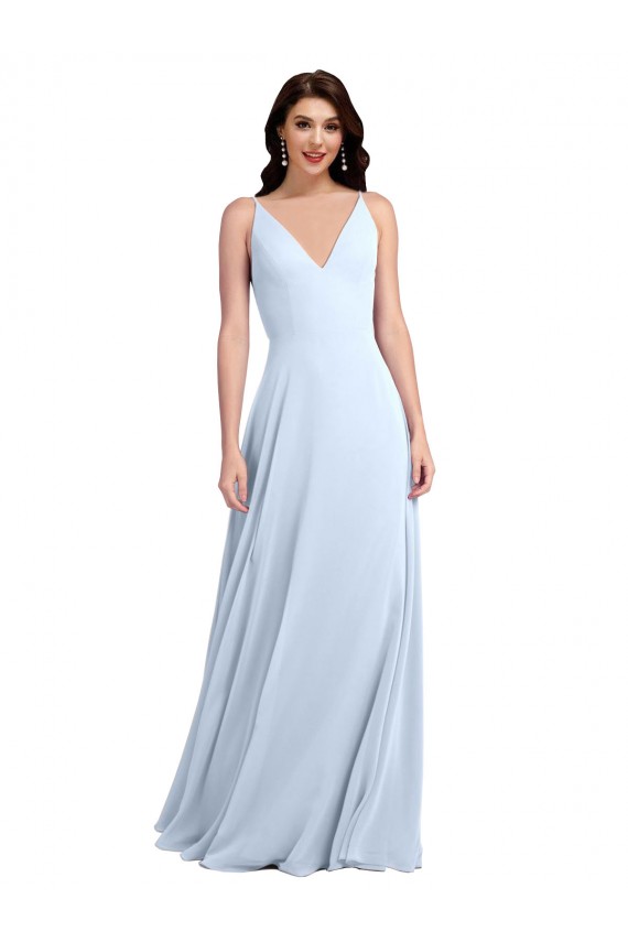 Best Long Floor Length V-Neck Chiffon Bridesmaid Dress with Keyhole Back UK