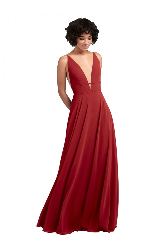 Best Fitted Plunging Deep V-Neck Long Chiffon Bridesmaid Dress with V-Back UK