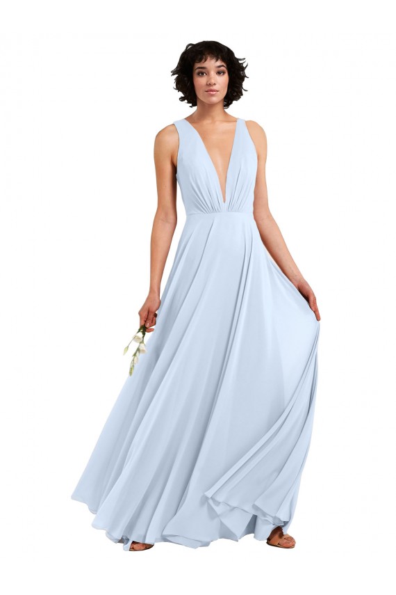 Best Daring Plunging V-Neck Long Chiffon Bridesmaid Dress with Pleated Bodice UK