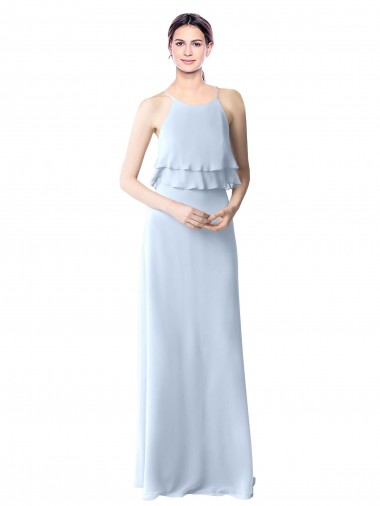 Best High Narrow Neck Long Chiffon Bridesmaid Dress with Tiered Ruffles UK