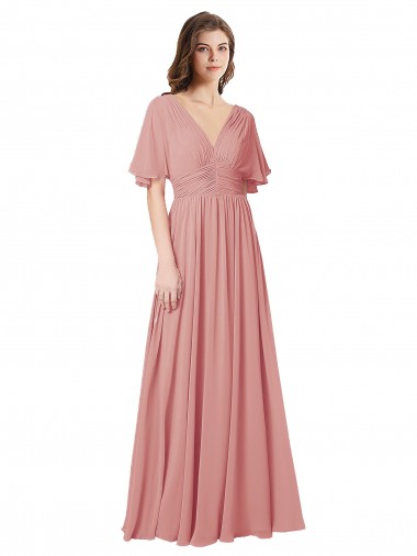 Best Flutter Sleeves Plunging V-Neck Boho Chiffon Bridesmaid Dress UK